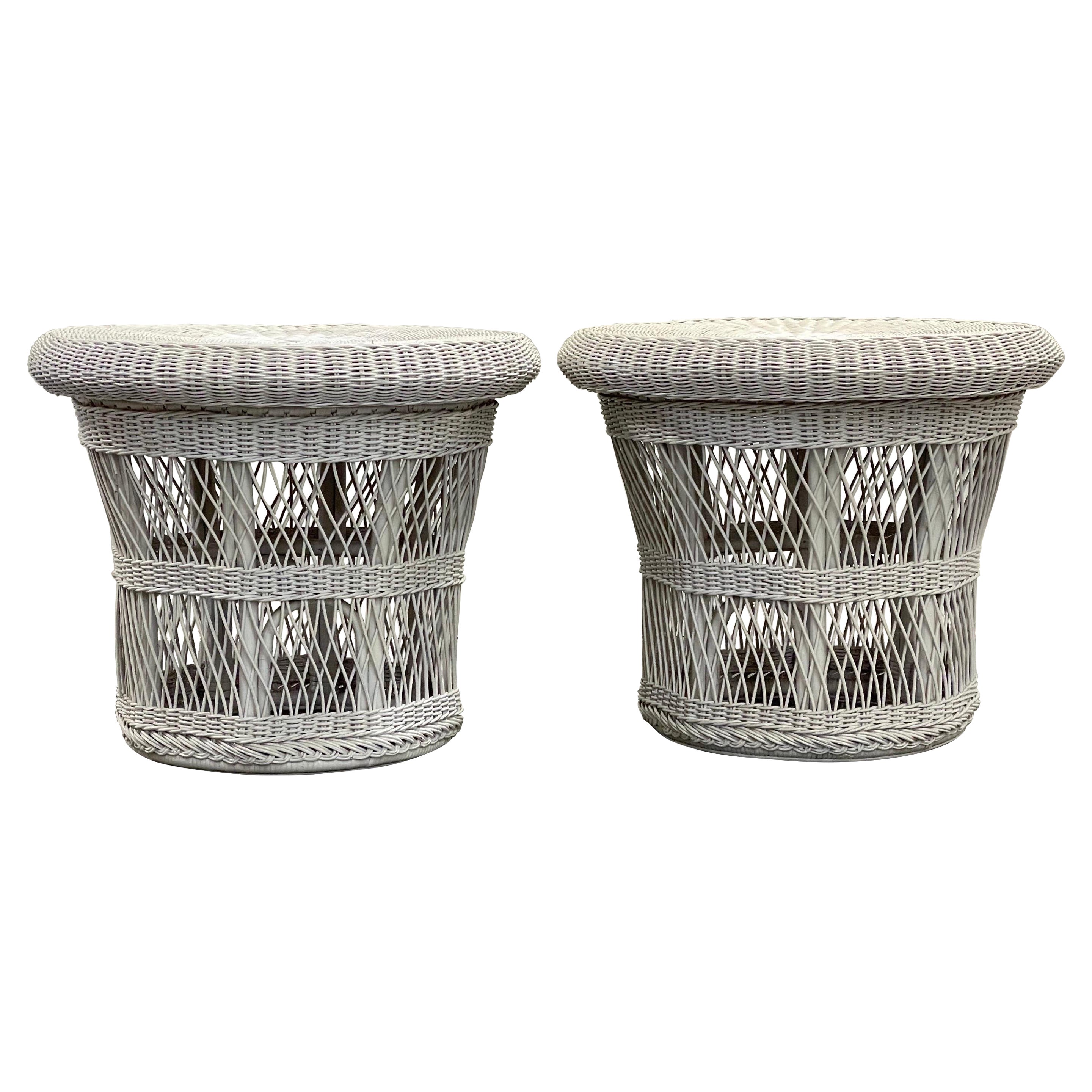 Vintage Wicker Side Tables with Tray Tops, a Pair