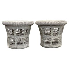 Retro Wicker Side Tables with Tray Tops, a Pair
