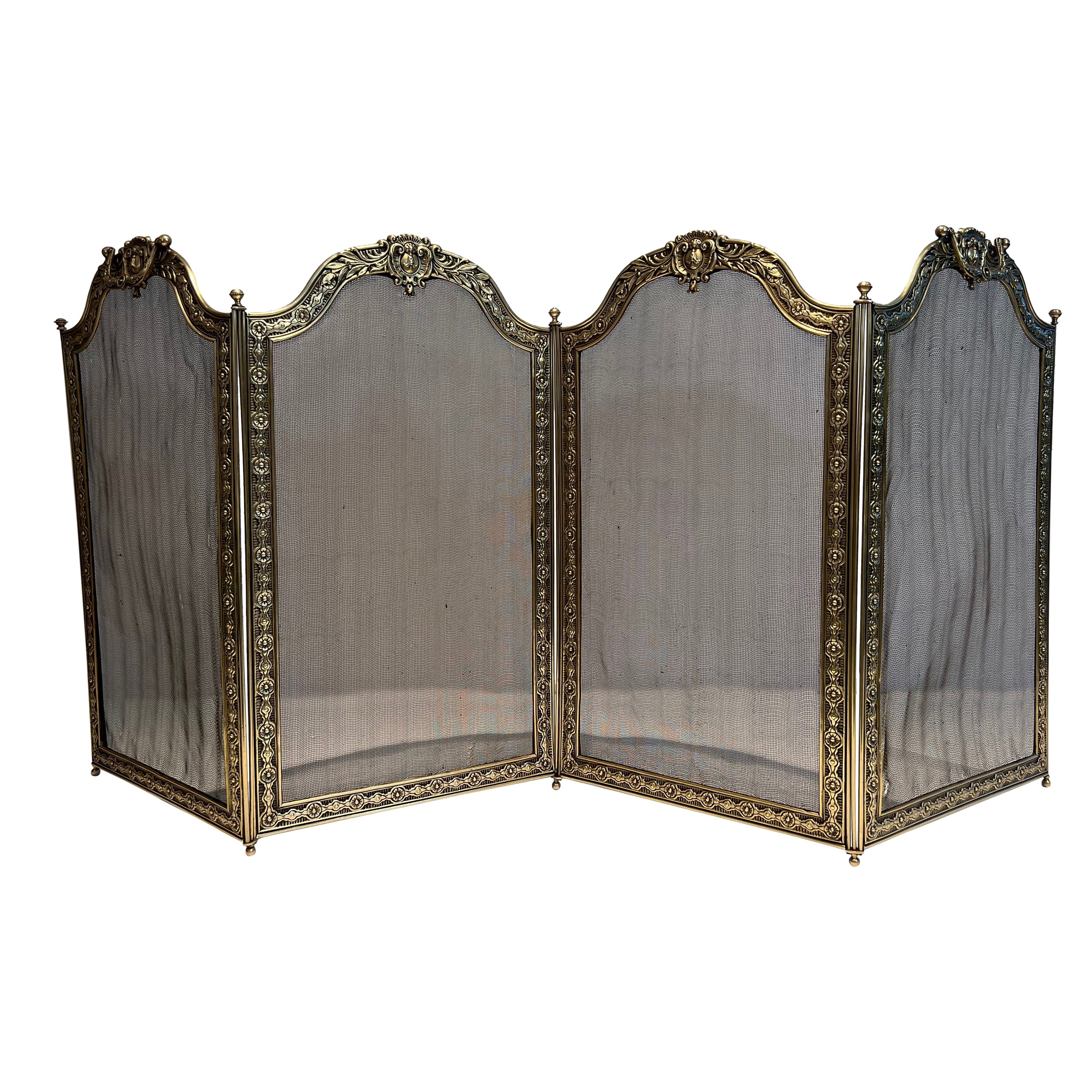 Large Louis the 16th Style 4 Panels Brass and Grilling Folding Fireplace Screen For Sale