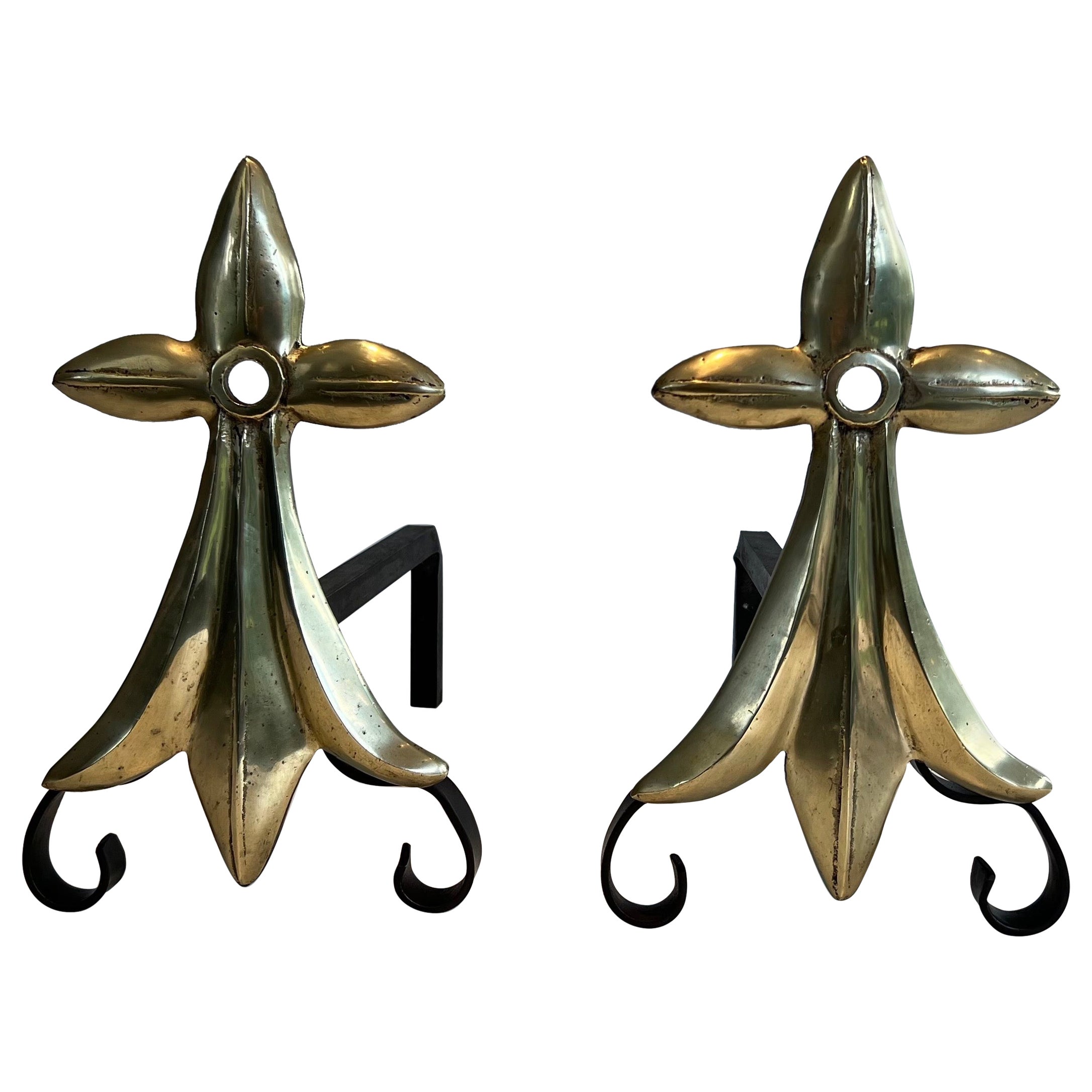 Pair of Art & Crafts Ermine Tail Bronze Andirons For Sale