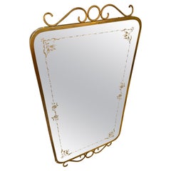 1950s Giò Ponti Style Mid-Century Modern Brass and Etched Glass Wall Mirror