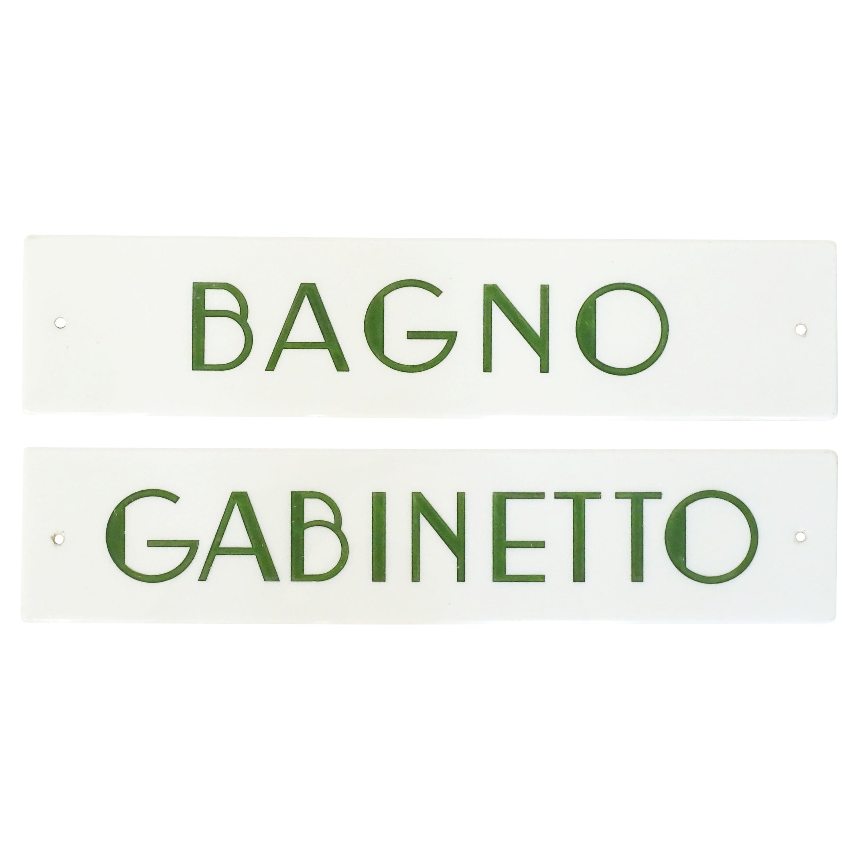 Italian Art Deco Opaline Glass and Engraved with Green Letters Loo Signs, 1920s