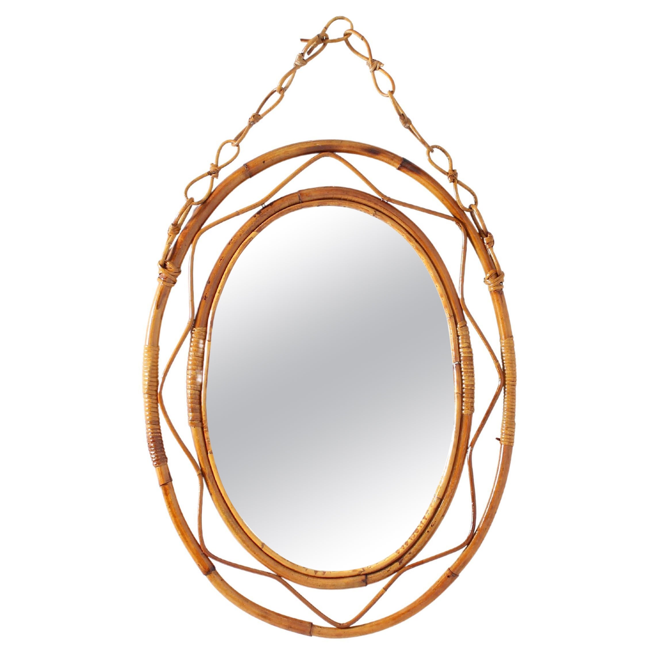 Midcentury Bonacina Oval Bamboo and Wicker Mirror, Italy, 1960s