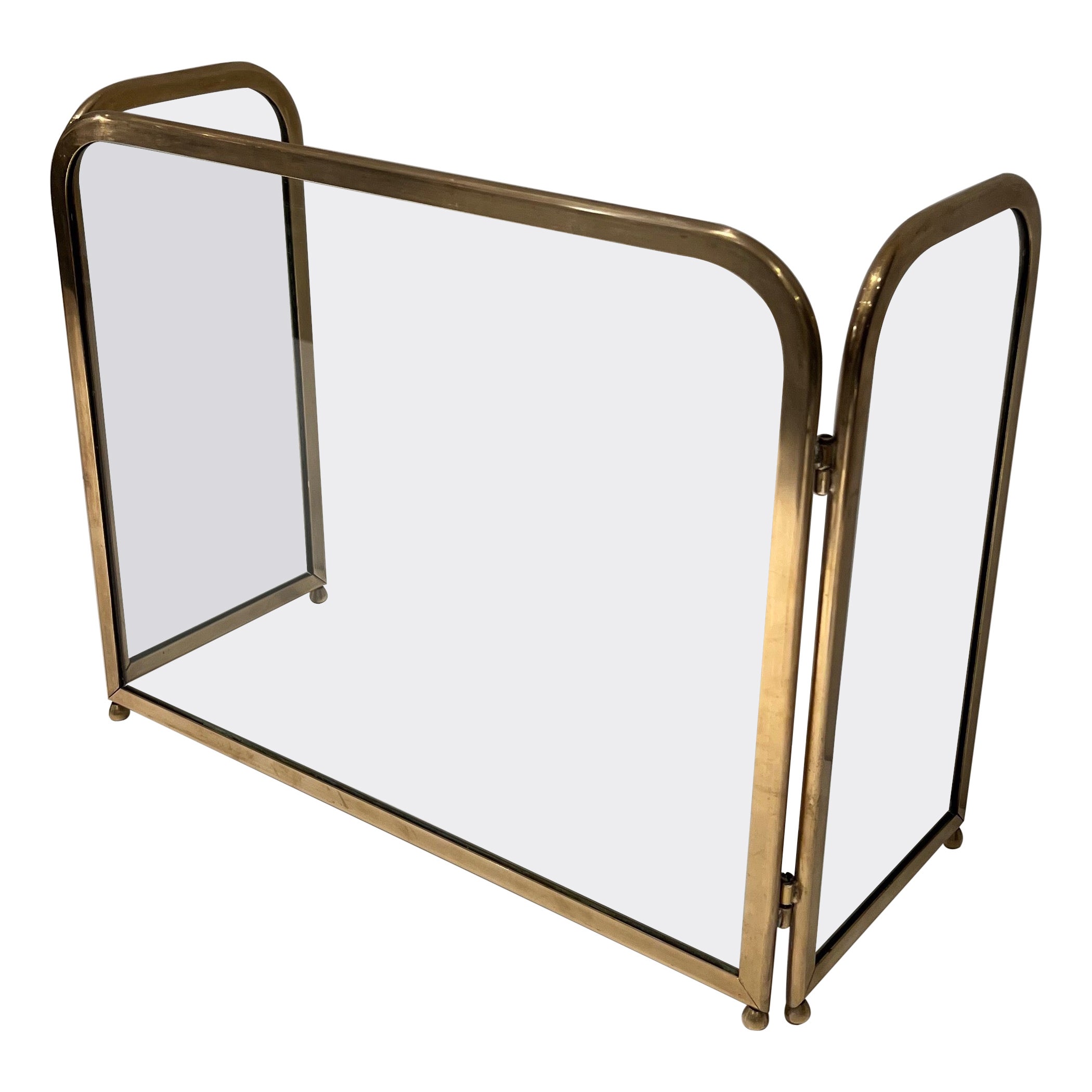 3 Glass Panels Fireplace Screen in a Brass Frame