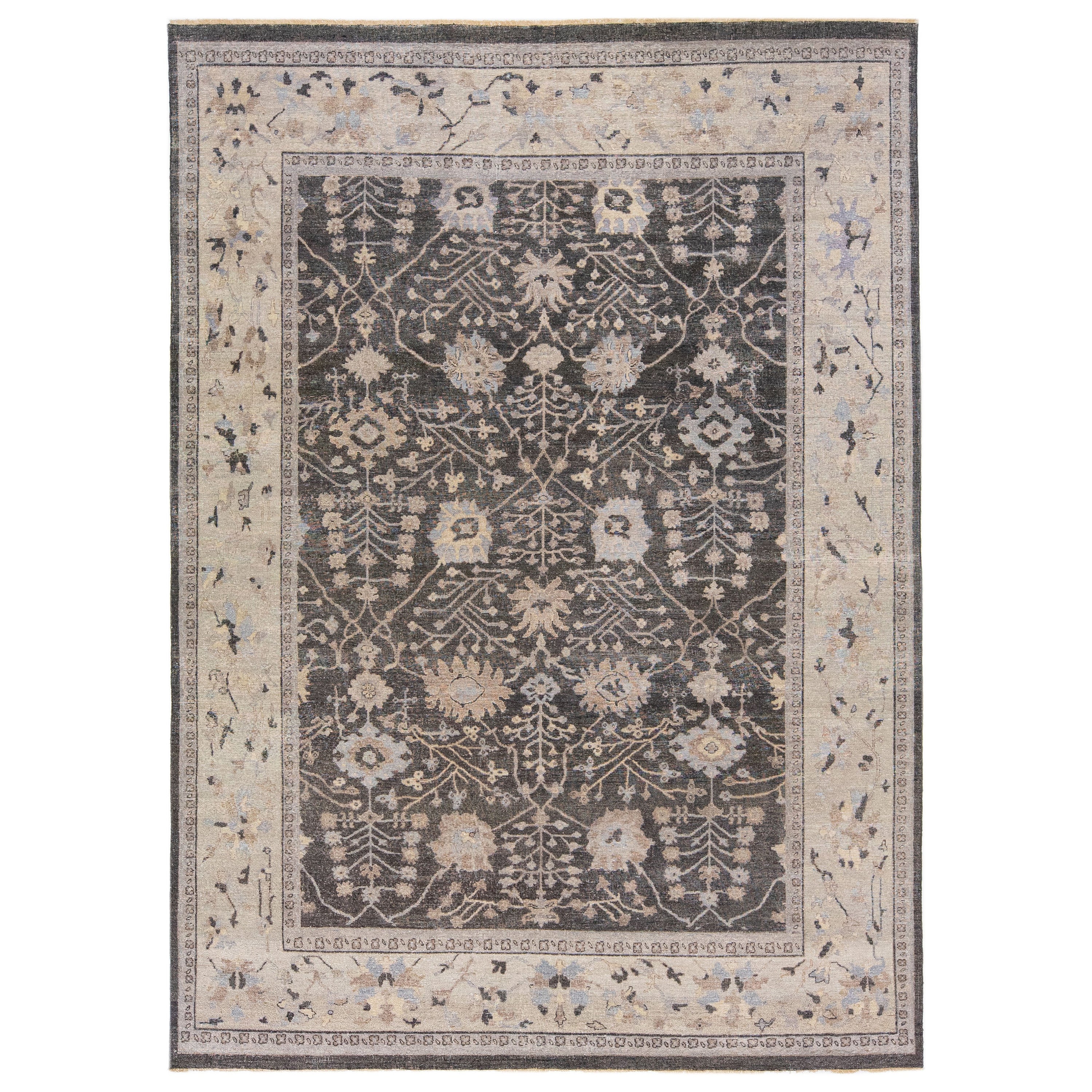 Allover Handmade Modern Indian Wool Rug with Gray-Charcoal Field by Apadana