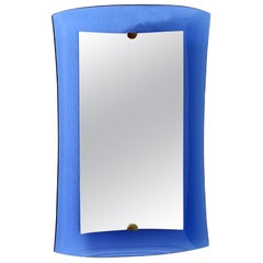 Mid-Century Cristal Art Curved Blue Glass Square Mirror, 60s Italy