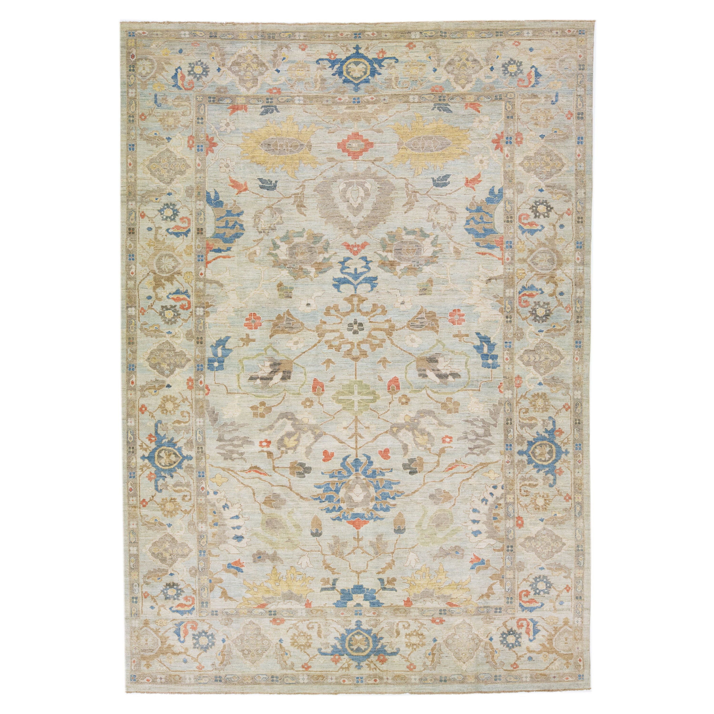 Modern Persian Sultanabad Handmade Wool Rug in Light Blue For Sale