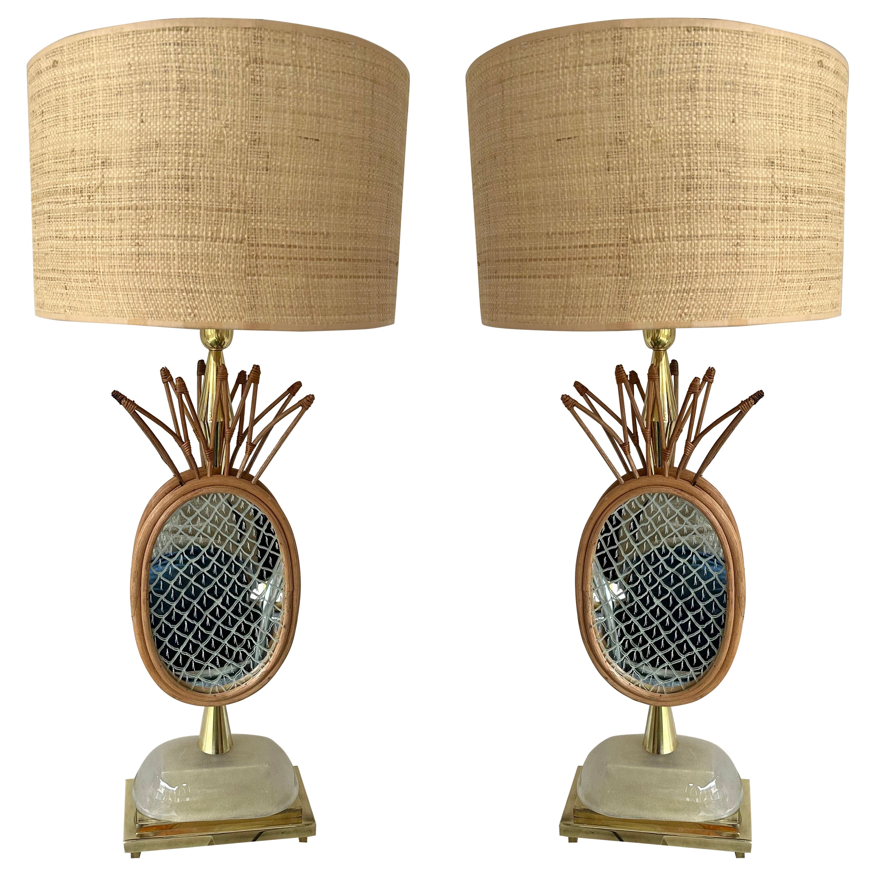 Contemporary Pair of Brass and Rattan Pineapple Mirror Lamps, Italy