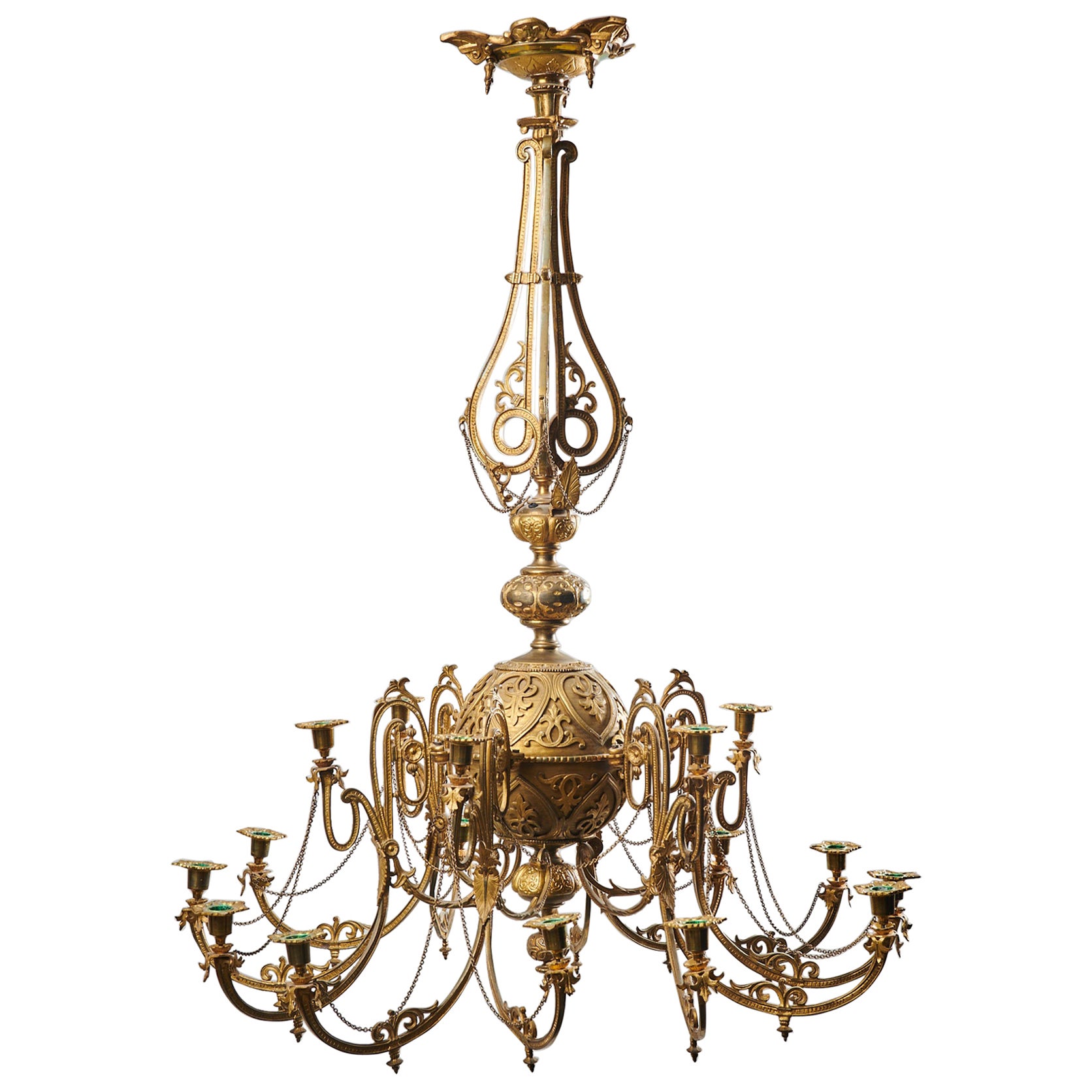 Antique Swedish Intricate Bronzed Chandelier