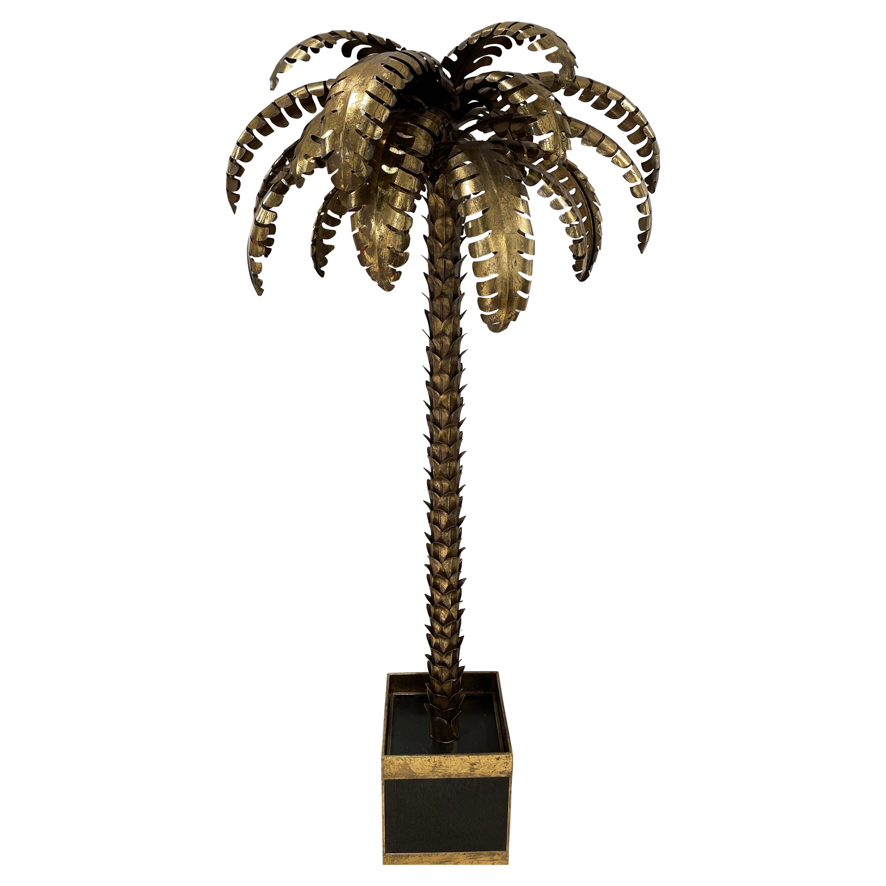 Space Age Design Palm Tree Shaped Gilded Metal and Black Mirror Glass Floor Lamp For Sale