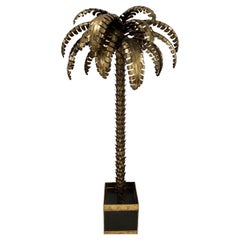 Vintage Space Age Design Palm Tree Shaped Gilded Metal and Black Mirror Glass Floor Lamp