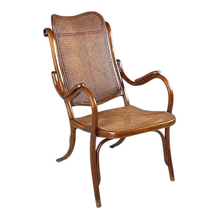 Austrian Armchair with Dark Brown Straw and Solid Wood in Thonet Style, 1900s