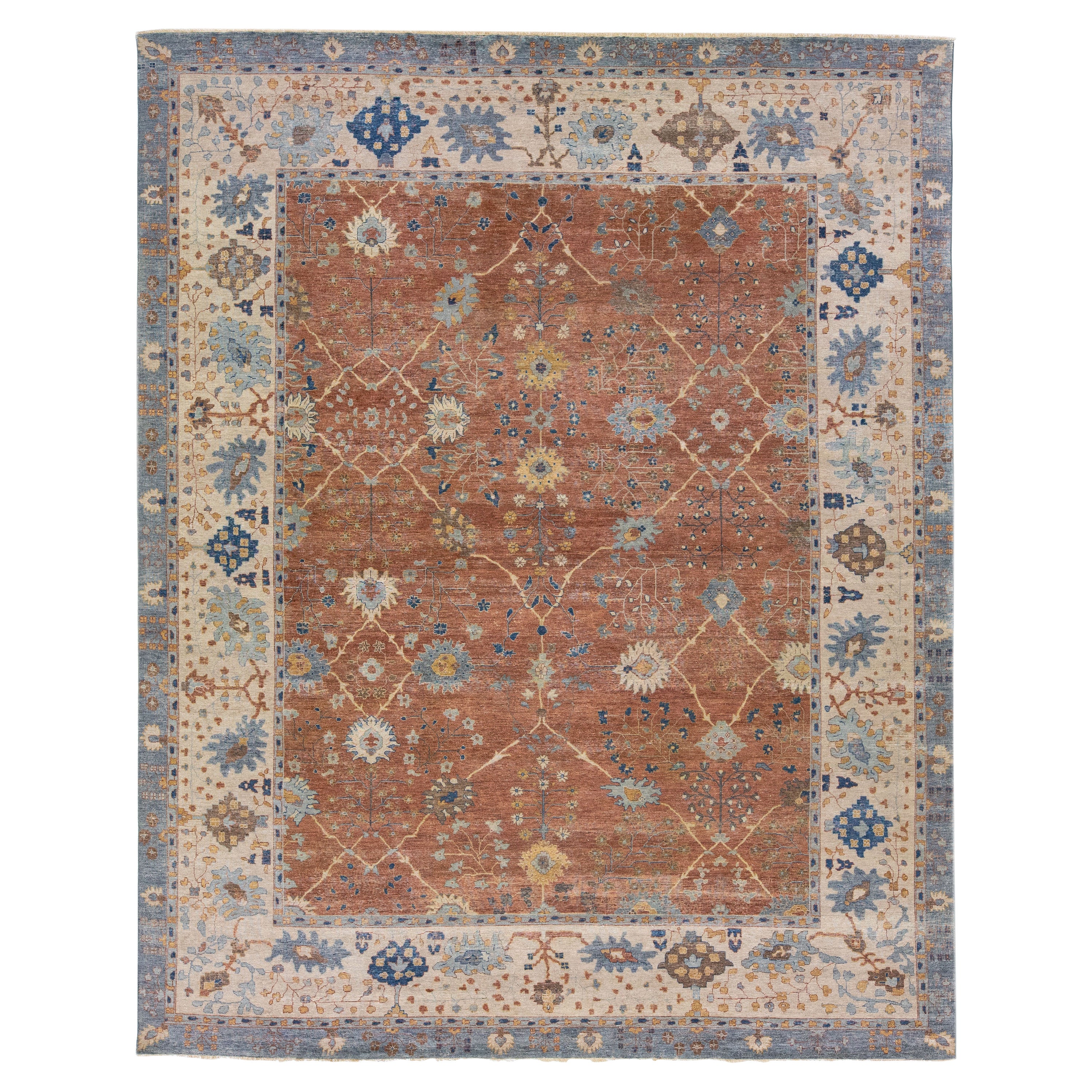 Modern Indian Tabriz Handmade Allover Wool Rug with Brown Field by Apadana