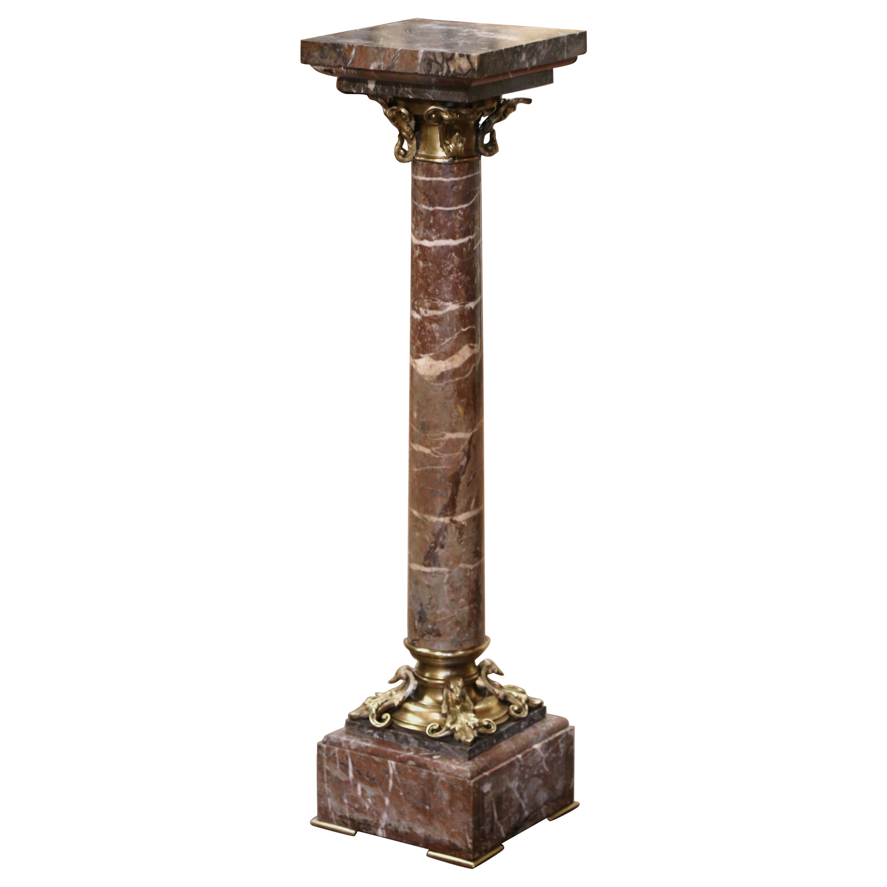 19th Century French Napoleon III Carved Marble and Bronze Selette Pedestal Table For Sale