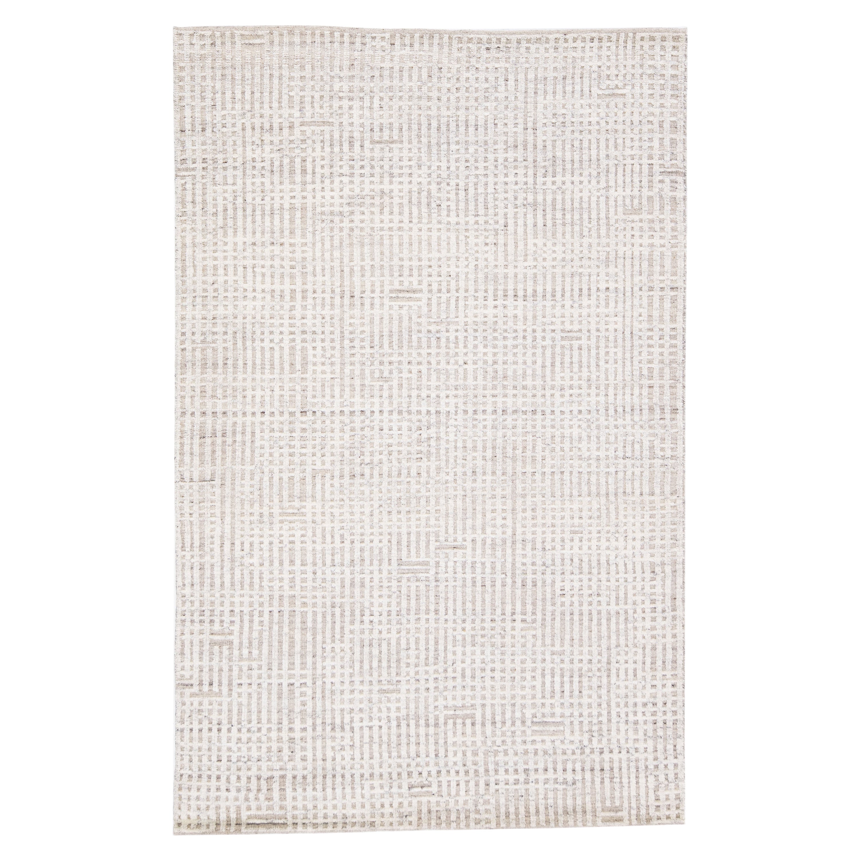 Modern Geometric Moroccan Style Scatter Wool Rug with Ivory Field by Apadana