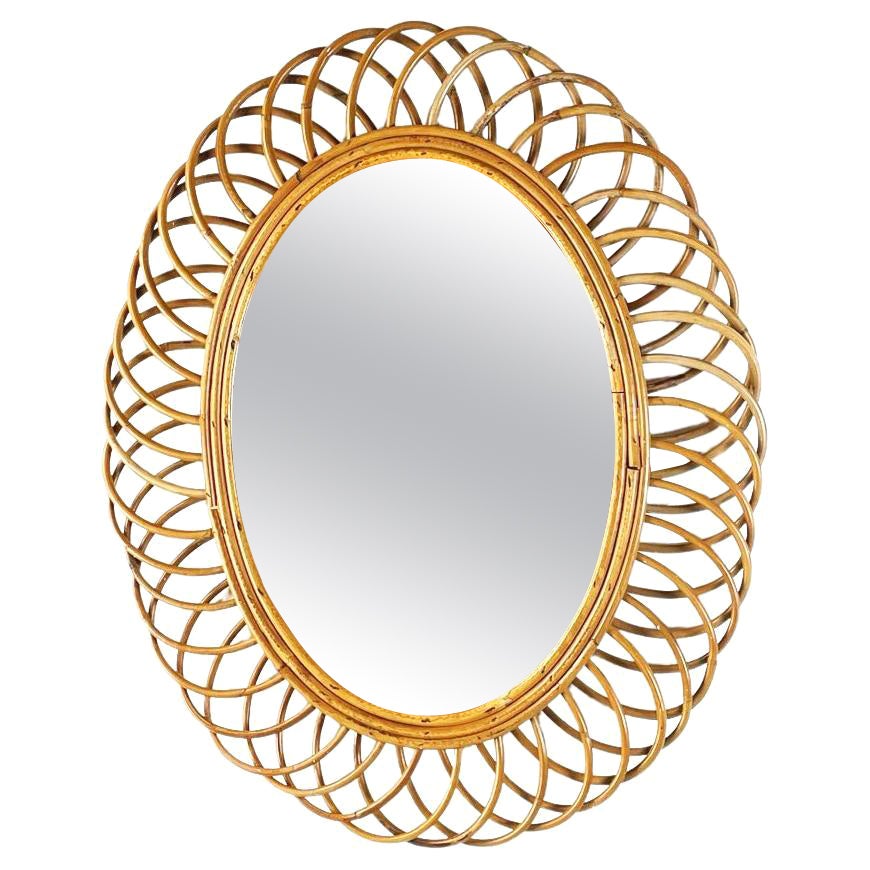Italian Mid-Century Modern Oval-Shaped Wall Mirror in Curved Rattan, 1950s