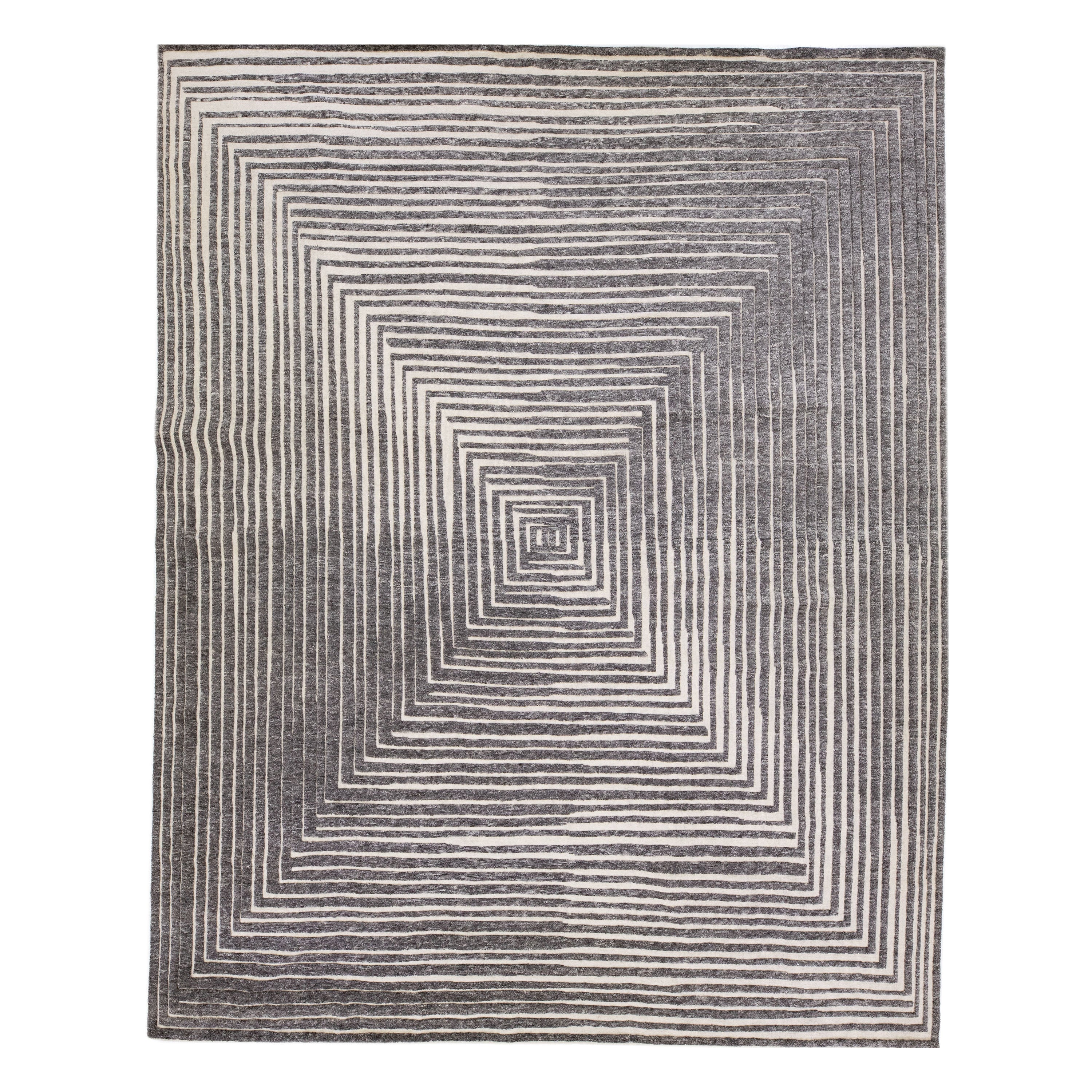 Oversize Modern Moroccan Style Gray Wool Rug with Op Art Design by Apadana For Sale