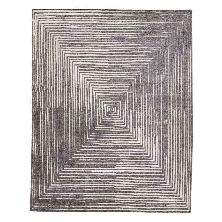 Oversize Modern Moroccan Style Gray Wool Rug with Op Art Design by
