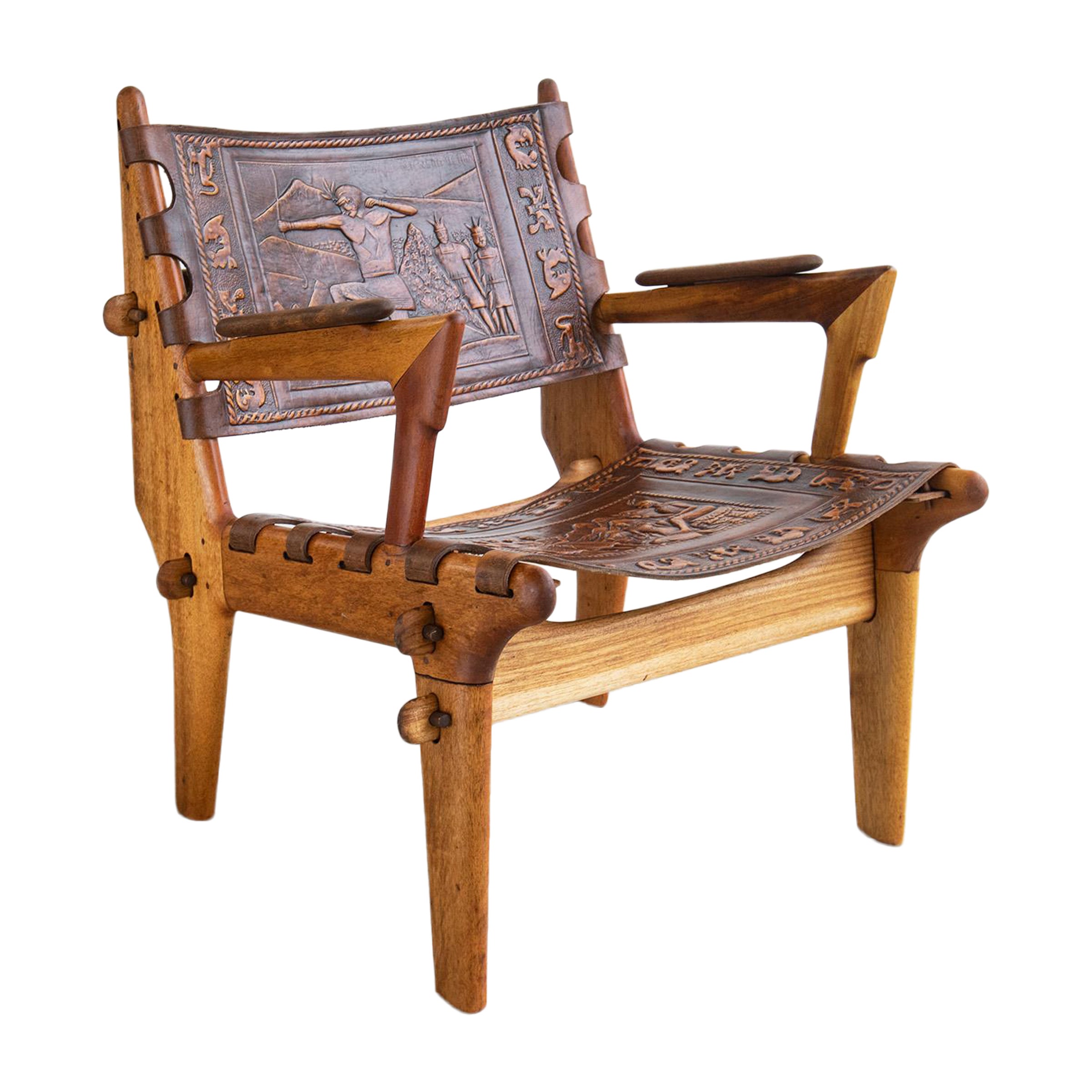 Vintage Angel Pazmino Fruitwood & Hand-Tooled Leather Lounge Chair, Ecuador For Sale