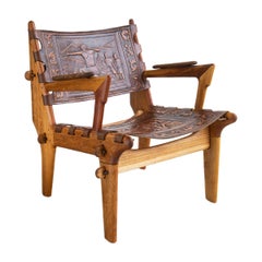 Vintage Angel Pazmino Fruitwood & Hand-Tooled Leather Lounge Chair, Ecuador