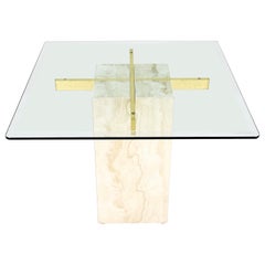 Square Travertine Base Glass Top Side End Occasional Coffee Lamp Table Mint!