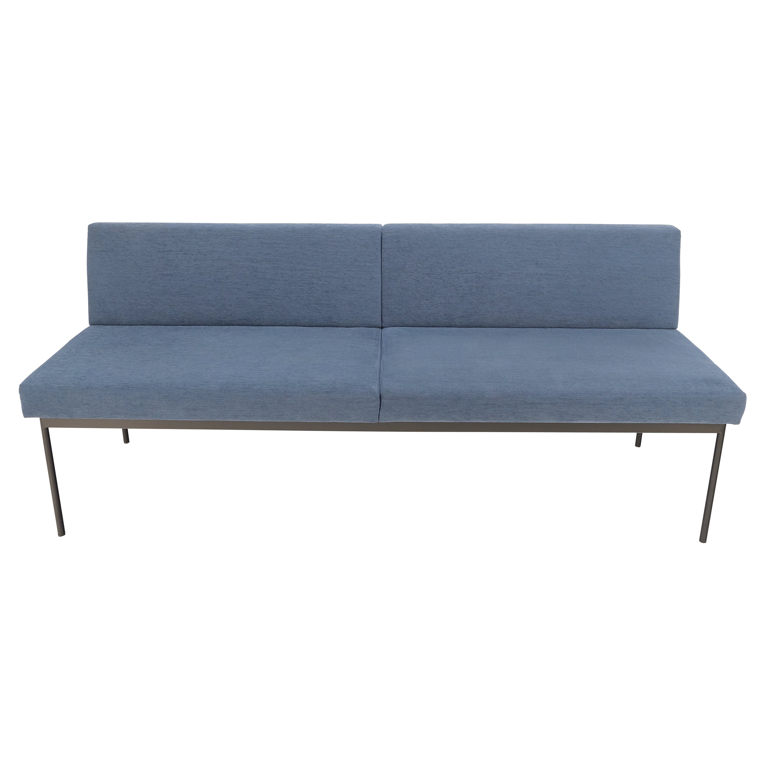 Geiger Tuxido Lounge Sofa Couch Bench Seating Blue Upholstery Black Frame Mint For Sale