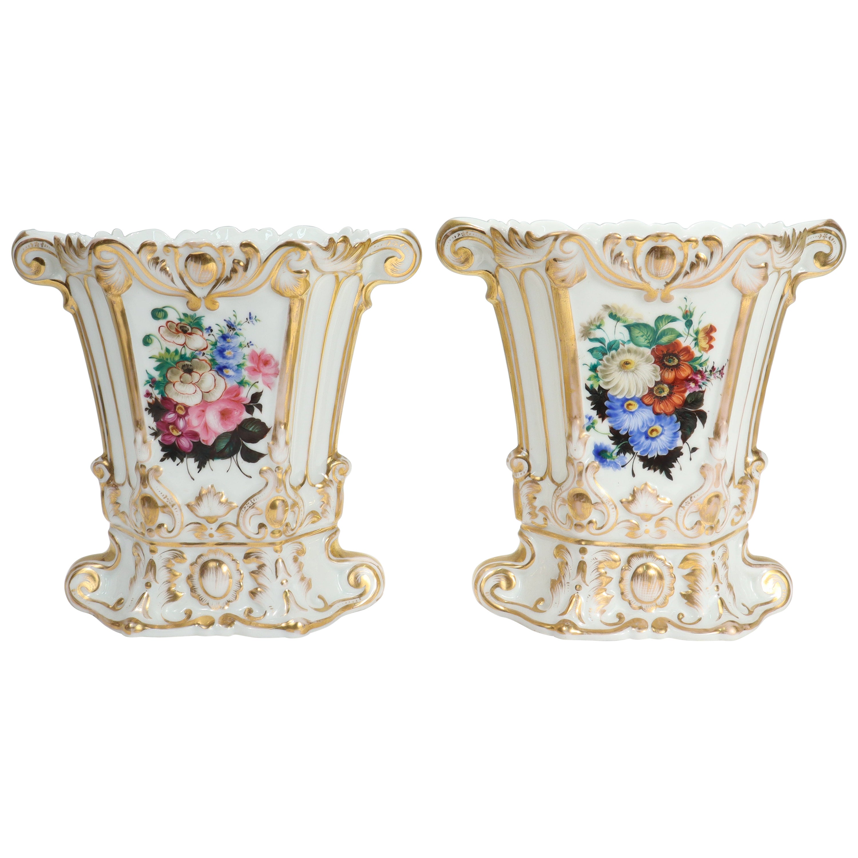 Pair Antique Jacob Petit Style Old Vieux Paris Porcelain Flowers Vases