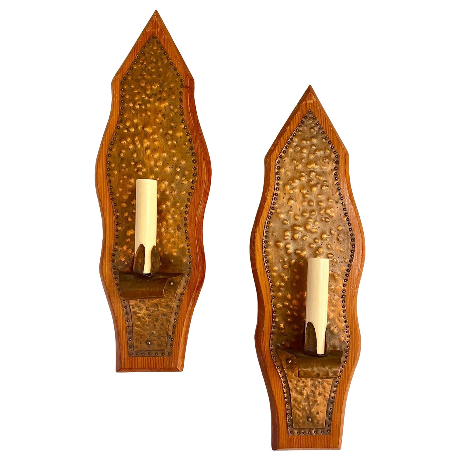 Pair of Hammered Copper Sconces For Sale