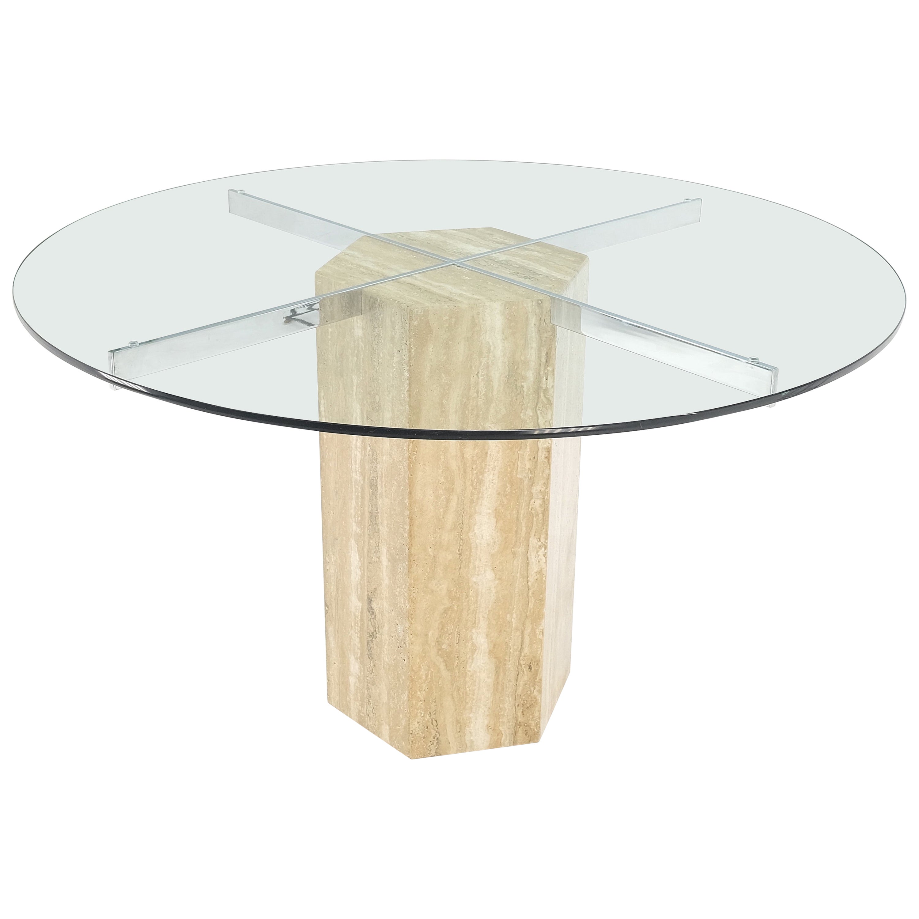 Table de salle à manger italienne MCM à base hexagonale en travertin et plateau en verre rond MINT !