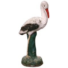 Antique 19th Century French Concrete Weathered Painted Crane Bird Garden Sculpture