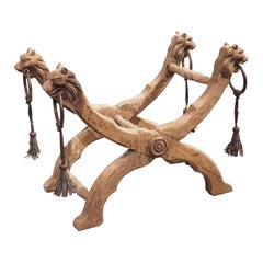 Bleached French Oak Curule Bench with Lion Heads and Iron Rings, Circa 1920