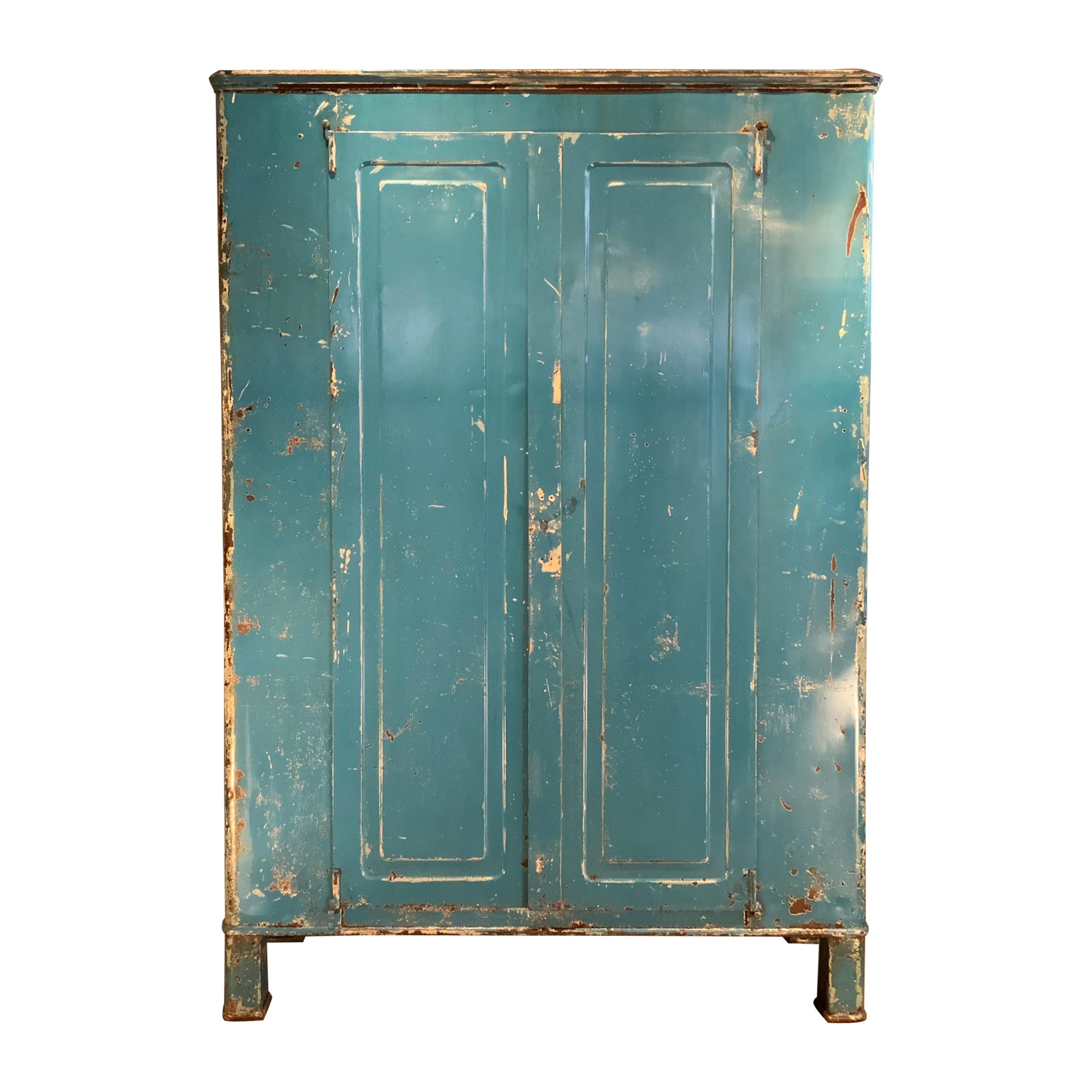 1940's, Mediterranean Blue Italian Industrial Painted Steel Cabinet