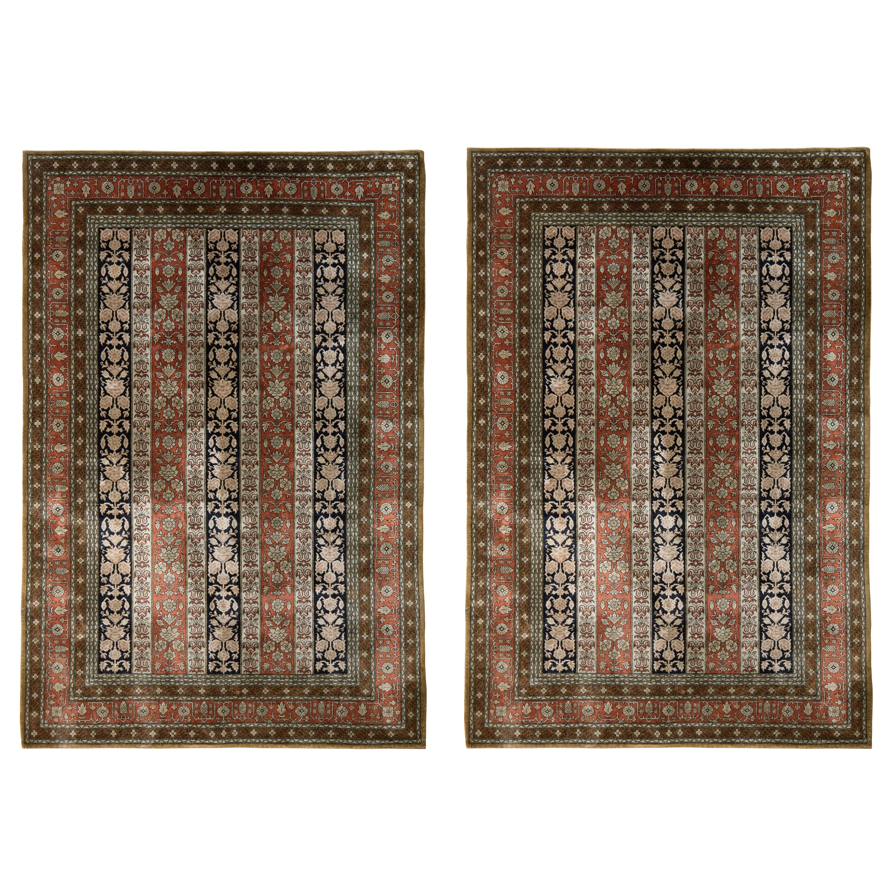 Vintage Persian Qum Rug Pair in Red & Beige-Brown Floral Pattern, by Rug & Kilim For Sale