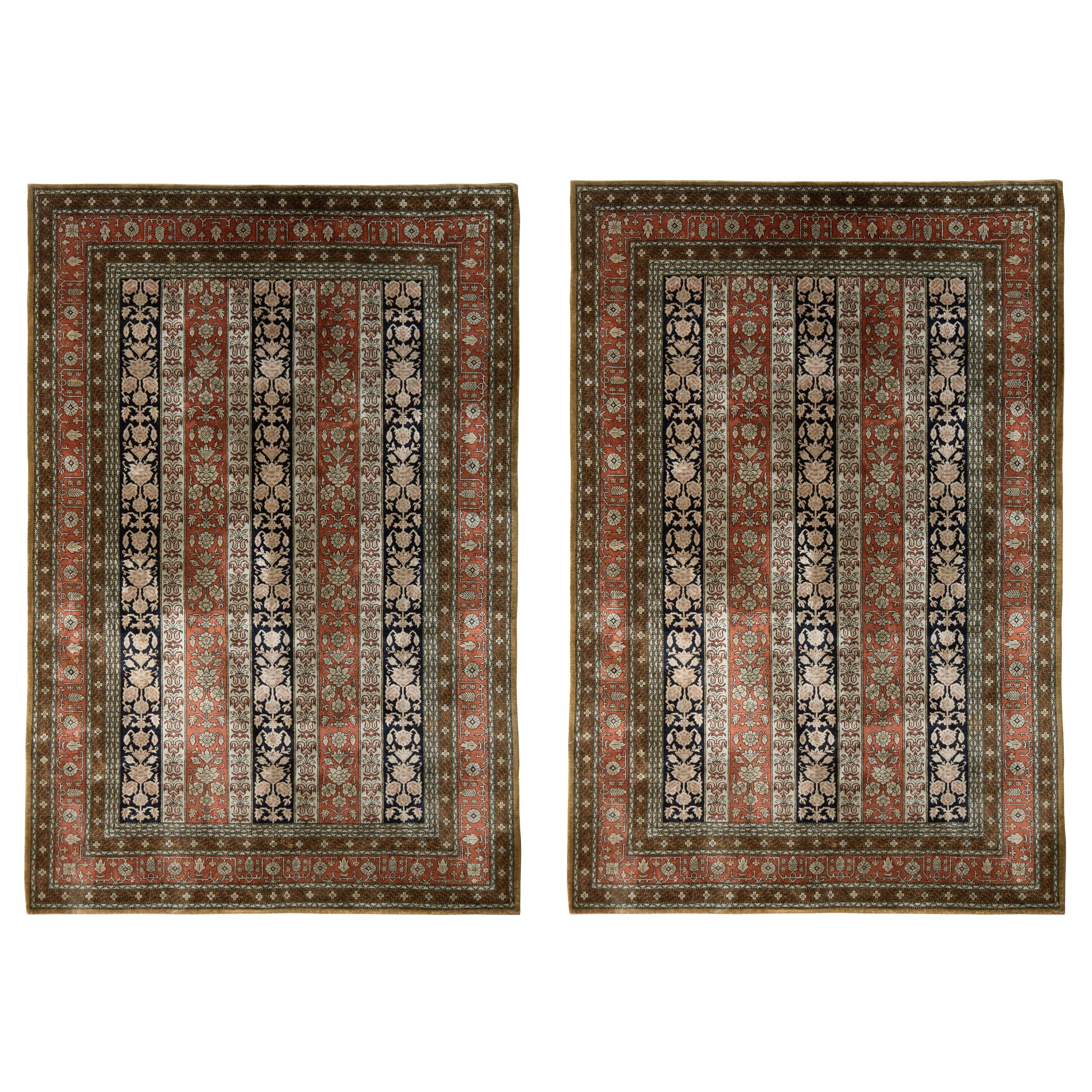 Pareja de alfombras persas vintage Qum con motivos florales en rojo y beige-marrón, de Rug & Kilim
