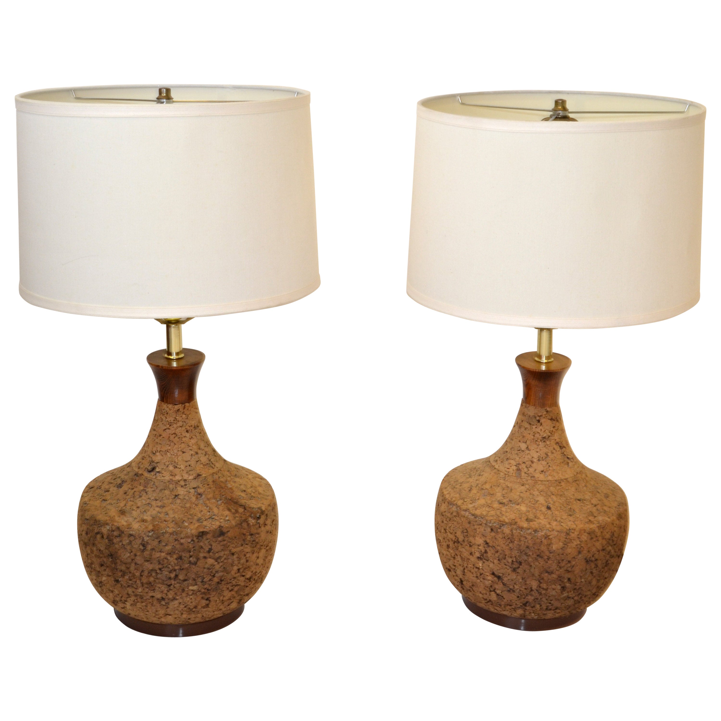 Set, Scandinavian Modern 1960s Cork and Teak Table Lamps Walter Von Nessen Style