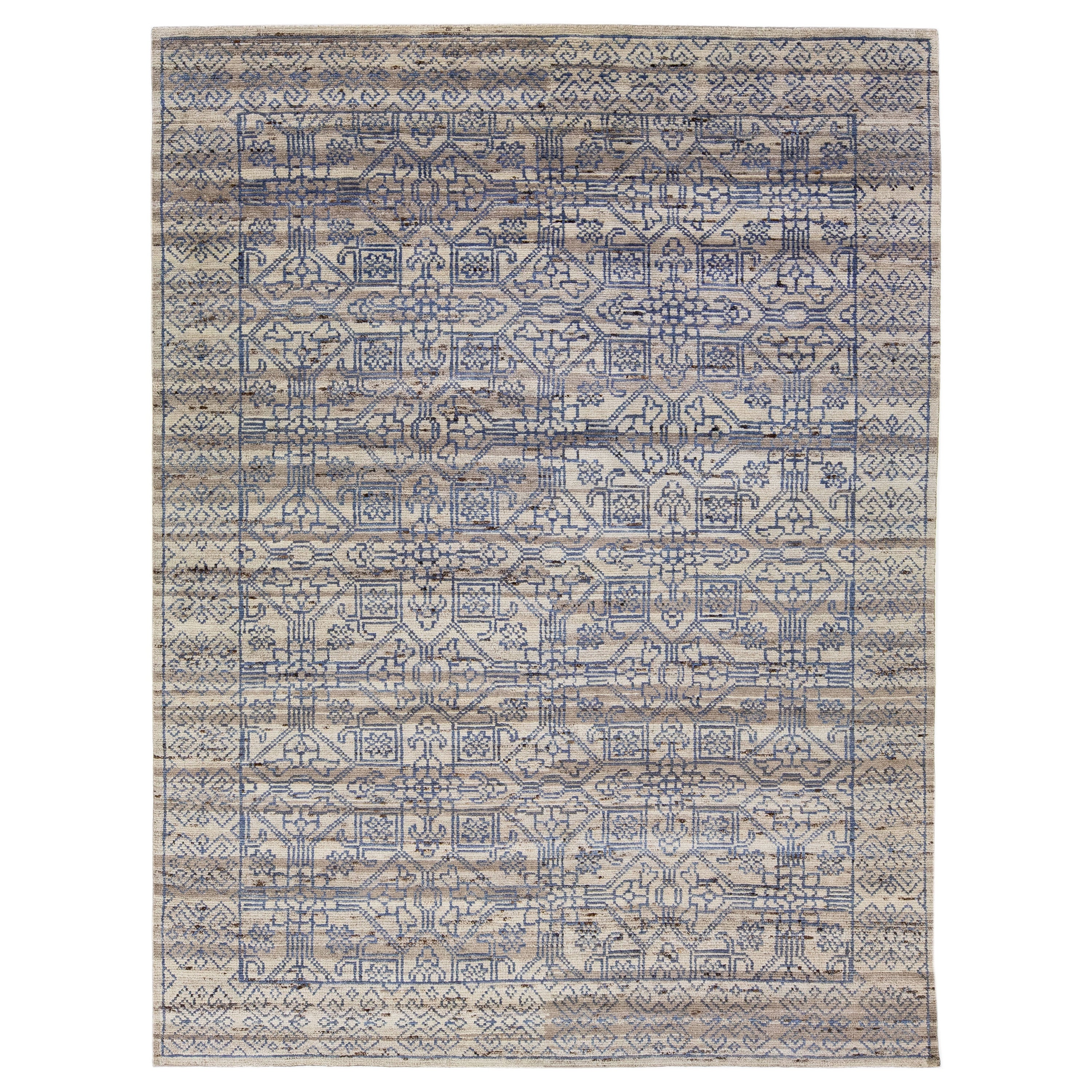 Handgefertigter moderner grauer indischer Wollteppich mit geometrischem Muster von Apadana