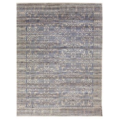 Tapis en laine indienne grise moderne fait à la main avec motif géométrique par Apadana