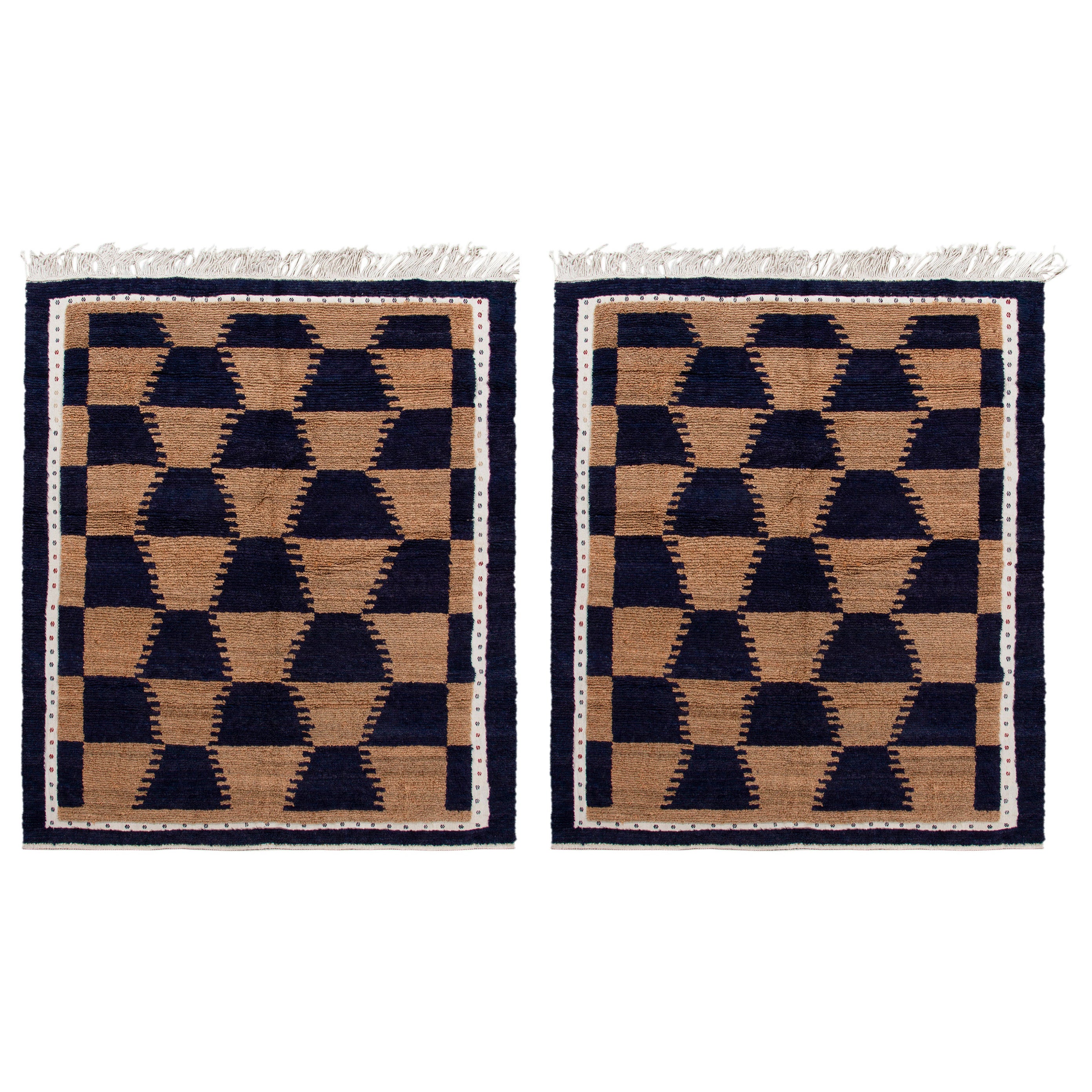 Twin Vintage Tulu Rugs in Brown and Dark Blue Geometric Patterns by Rug & Kilim