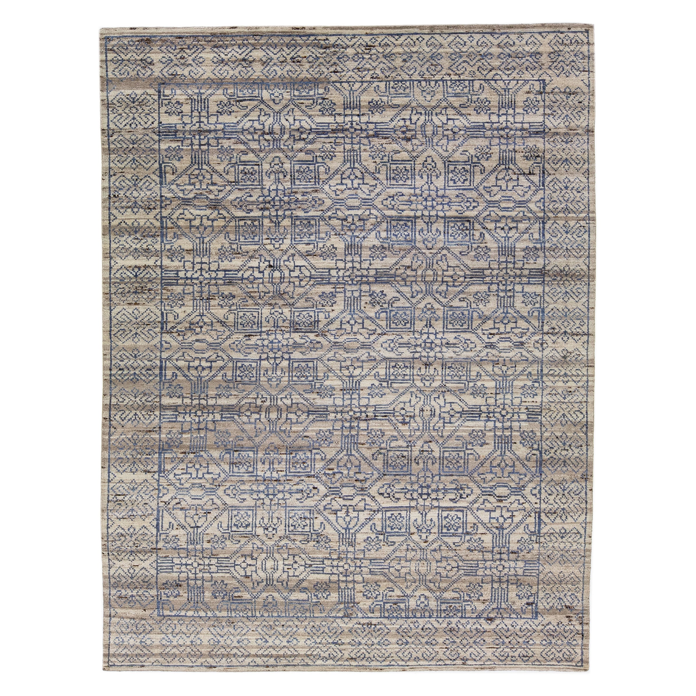 Handgefertigter geometrischer moderner indischer Wollteppich in Grau und Blau von Apadana