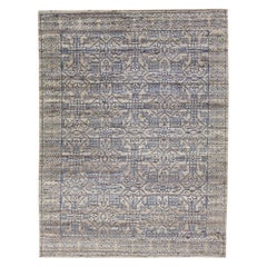 Handmade Geometric Modern Indian Wool Rug In Gray and Blue By Apadana