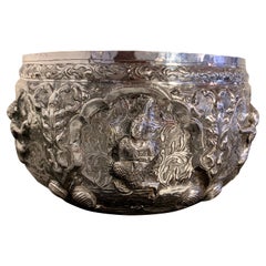 Large Vintage Thai Silver Repousse Offering Bowl, Mid-20th Century