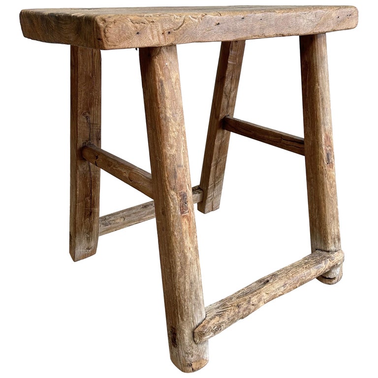 Vintage Antique Elm Wood Stool For Sale at 1stDibs