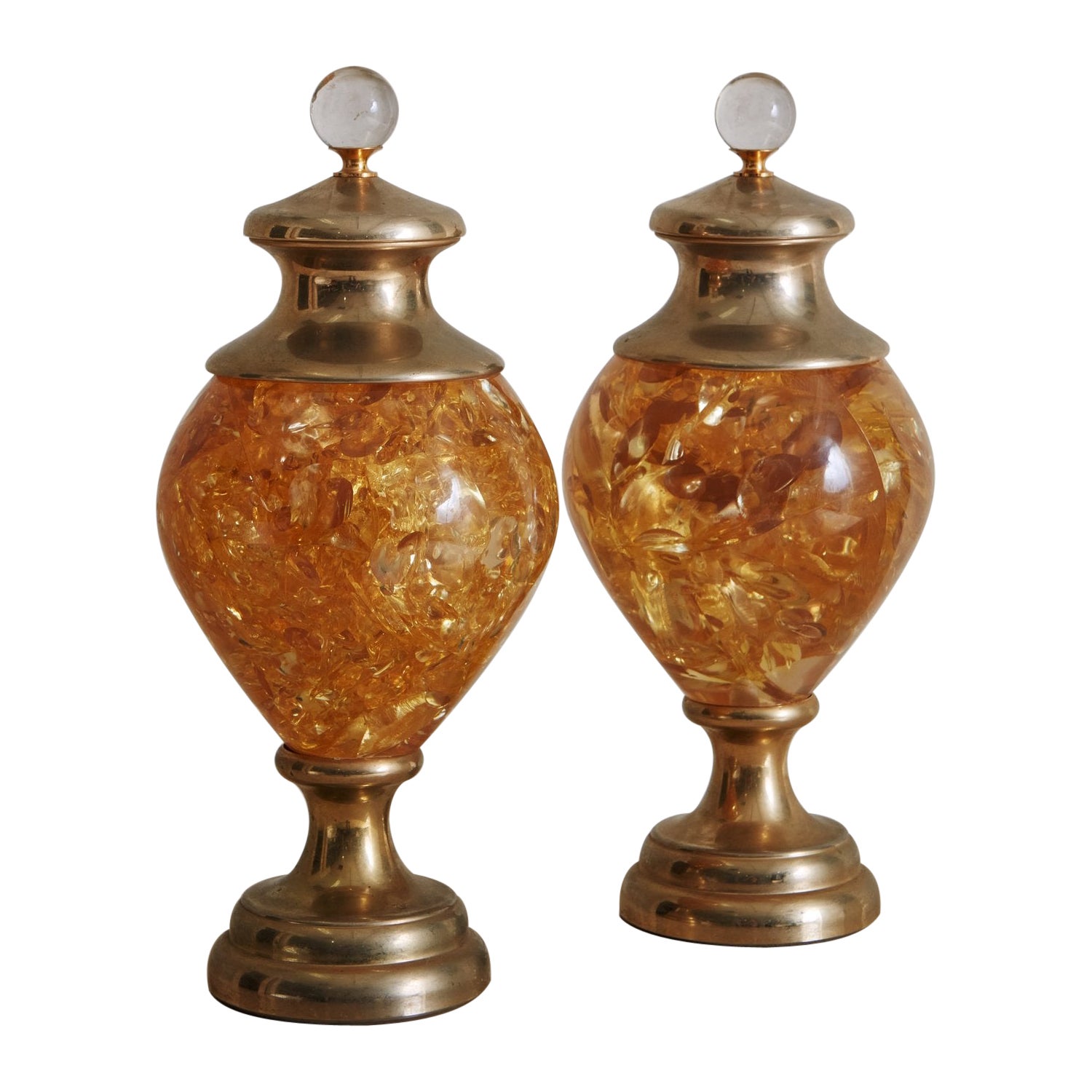 Pair of Brass + Amber Fractured Resin Urns, France, 1960s For Sale