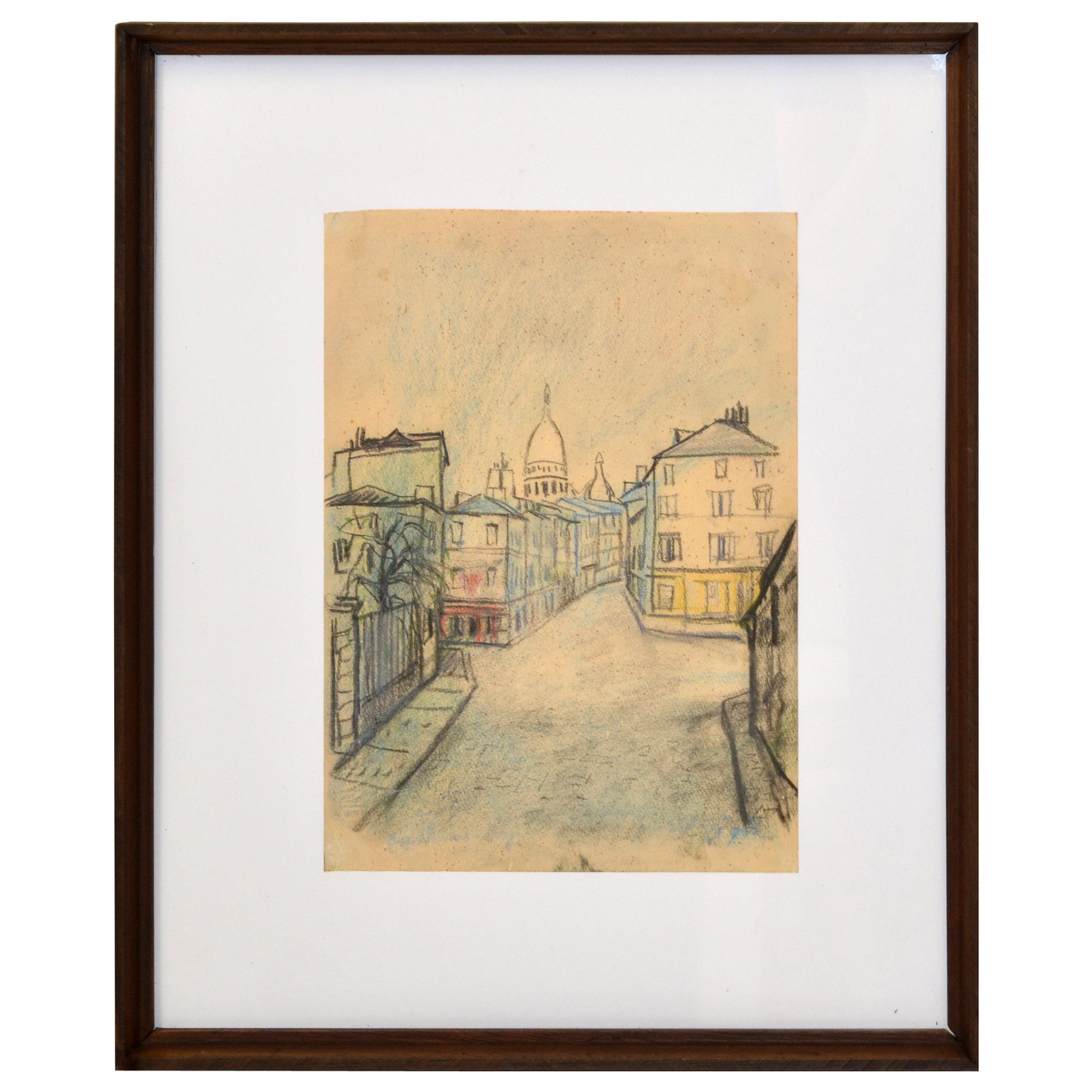 Cityscape Painting Pencil on Board Framed France Mid-Century Modern 70s For Sale