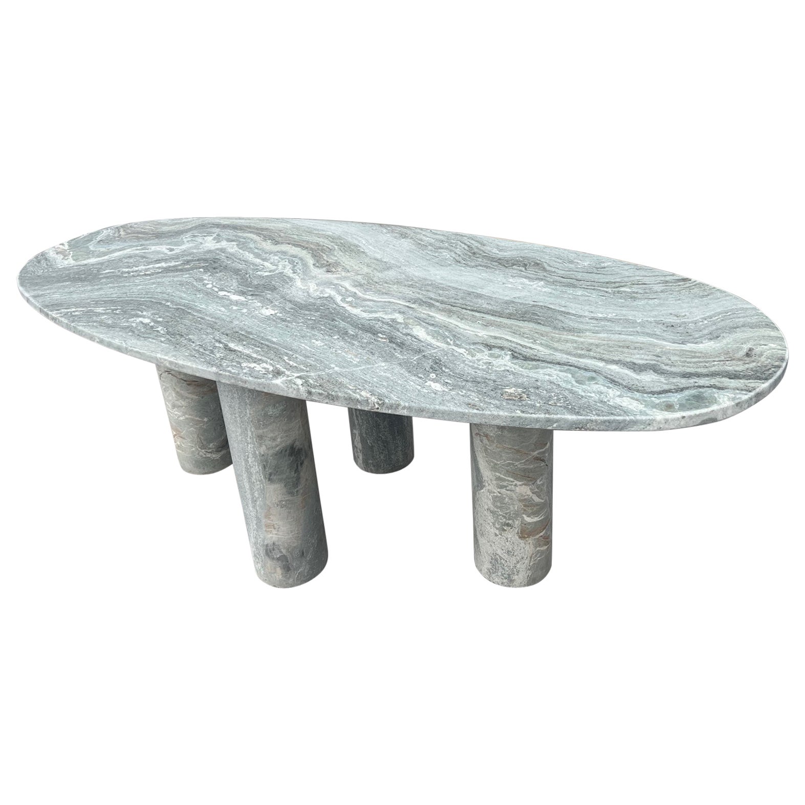 Large Oval Green Marble Dining Table with Column Legs in the style of Bellini 