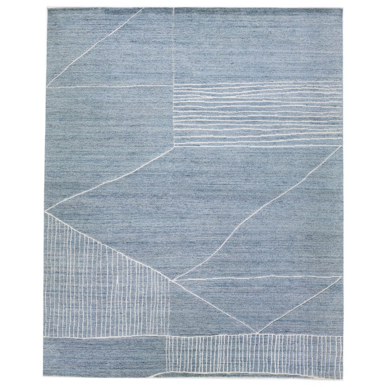 Oversize Light Blue Modern Moroccan Style Handmade Abstract Wool Rug by