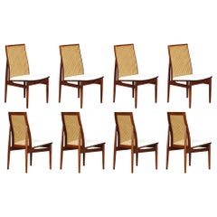 Set of 8 Rosewood, Cane and Bouclé Dining Chairs by Dyrlund, c 1970, Signed