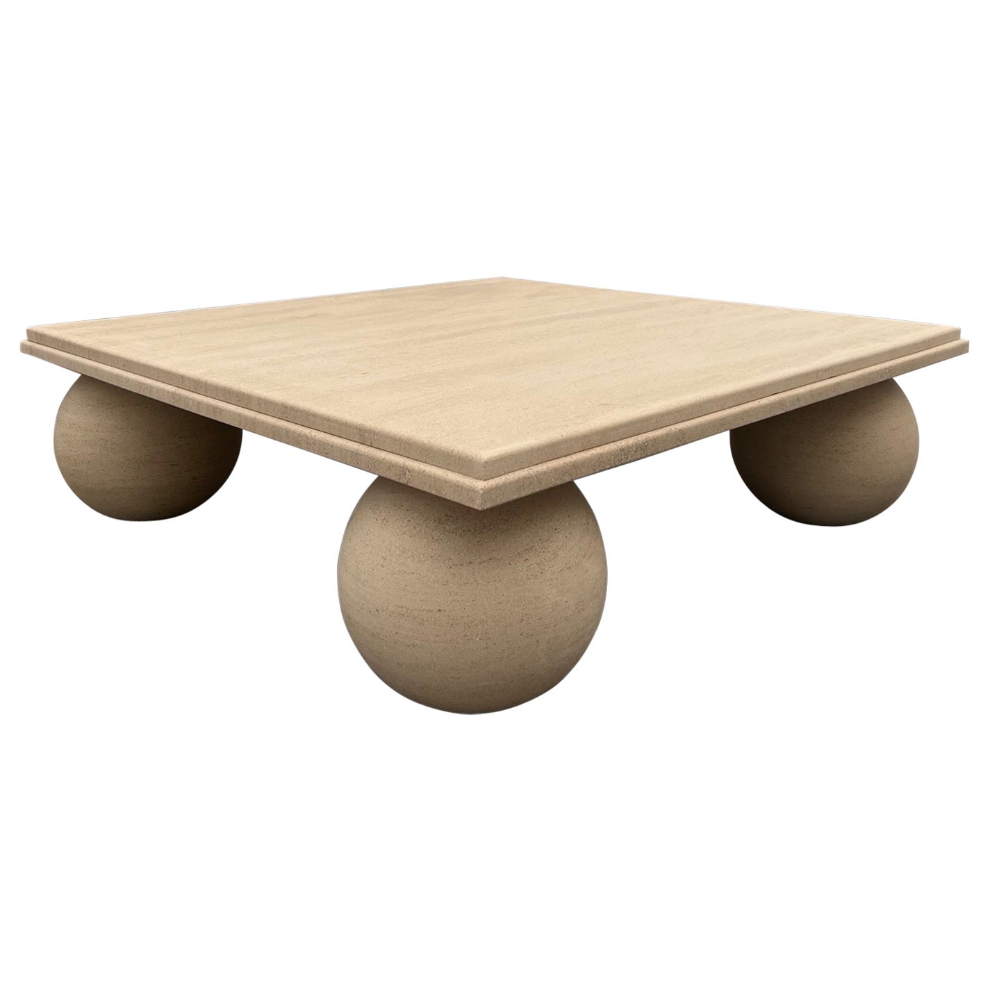Square Stone Coffee Table with Ball Sphere Base in Cream Portuguese Travertine For Sale