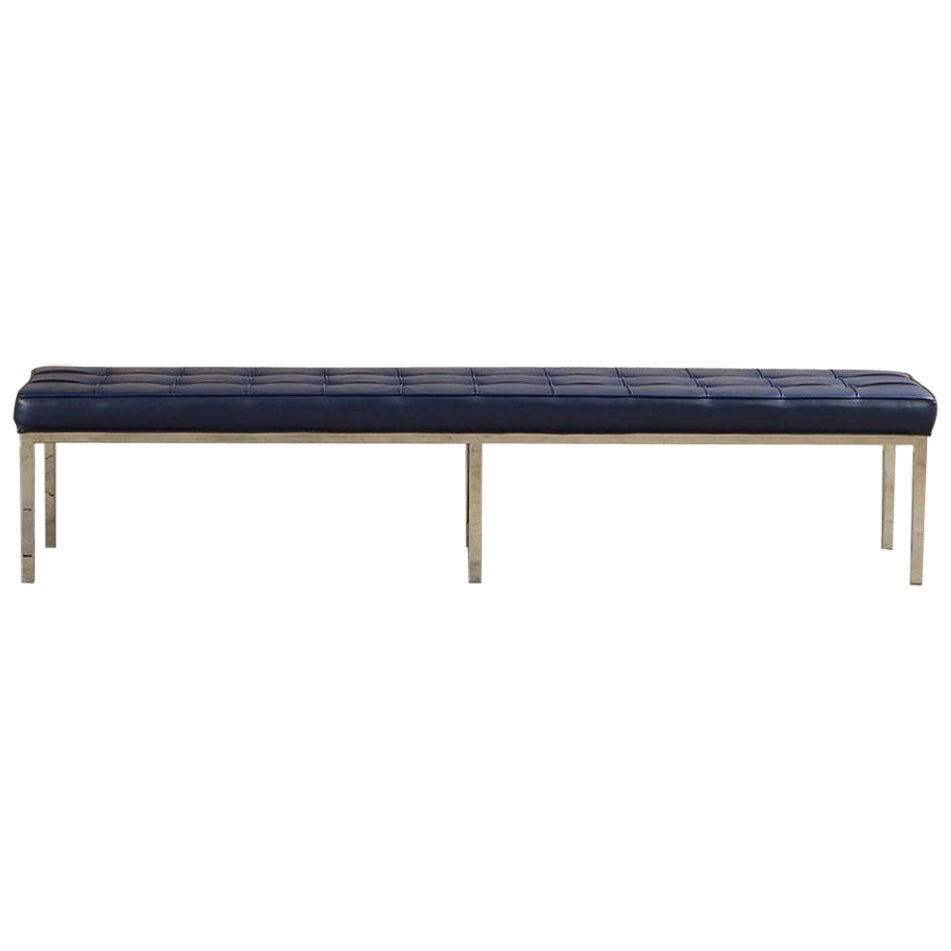 Beautiful Mid-Century Navy Leather Bench Chrome Frame Style of Florence Knoll For Sale