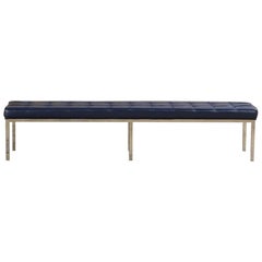 Beautiful Mid-Century Navy Leather Bench Chrome Frame Style of Florence Knoll